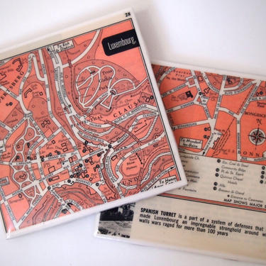 1953 Luxembourg Map Handmade Vintage Map Coasters - Ceramic Tile Coasters set of 2 - Repurposed 1950s Travel Book - OOAK Coasters 