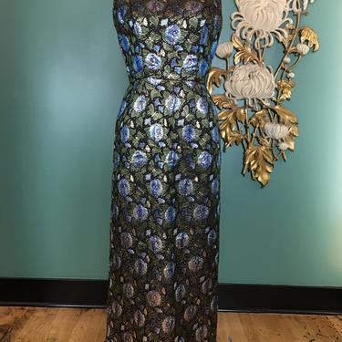 1960s hourglass dress, vintage 60s dress, 1950s wiggle dress, black floral brocade, medium large, sleeveless gown, 30 waist, mrs maisel, 38 