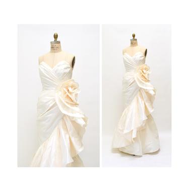 Vintage 80s 90s Evening Gown Dress Wedding Dress Medium Large// 80s 90s Vintage Silk Strapless Pageant Dress Gown Ruffle Wedding party Dress 
