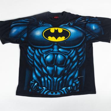 90s Batman All-Over Print Graphic Tee - Extra Large | Vintage 1997 DC Comics Black Blue Movie Promo T Shirt 