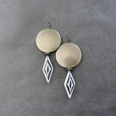 Batik print bone earrings, brass statement, Afrocentric earrings, geometric earrings, bold ethnic earrings, exotic bronze earrings, African 