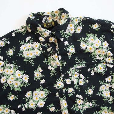 Vintage Daisy Print Button Up Large - 80s Black White Floral Print Short Sleeve Button Down - Camp Shirt - Cotton Flower Print Shirt 