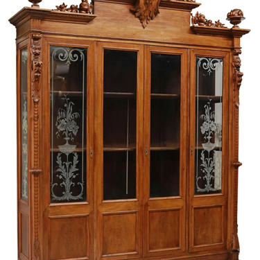 Bookcase, Monumental, Italian Carved Walnut, Glazed, Etched Doors, Crest, 1800's