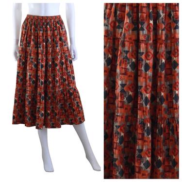 1990s Red Black & Orange Geometric Graphic Print Skirt - 1990s Peasant Skirt - Vintage Boho Peasant Skirt | Size Small / Medium 