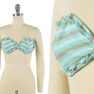 Vintage 1950s Bra Top | 50s Striped Fringe Mint Cotton Strapless Bandeau Bikini Top (xs/small/medium) 