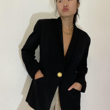 90s Anne Klein black wool blazer / vintage black wool single gold button oversized nipped waist shawl collar blazer / USA  | M 