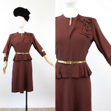 1940s GOLD studded OPEN sleeve rayon dress small | new winter 