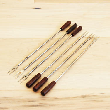 Vintage Teak and Stainless Steel Cheese Fondue Forks Made in Japan - Set of 6 