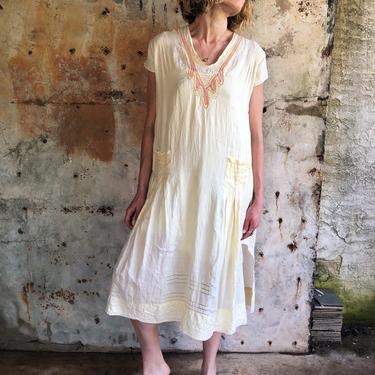 Edwardian 1910s Pale Yellow Embroidered Tunic Dress OS 