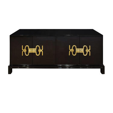 Tommi Parzinger Rare Black Lacquered Credenza With Brass Hardware 1960s