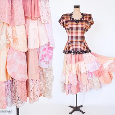 1940s Brown Plaid Taffeta Blouse | 1990s Pink Petal Midi Lace & Brocade Skirt | Art Dressing | Medium 