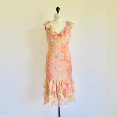 Vintage 1930's Style Pink Orange Silk Chiffon Paisley Print Bias Dress Ruffle Neckline Sleeveless Great Gatsby Flapper Ralph Lauren Size 10 