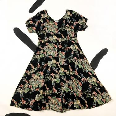 90s Black Based Floral Fluttery Short Sleeve Rayon Dress / XL / Rose Print / Daisies / Pastel / Goth / Size 14 / 90s does 40s / Grunge / 