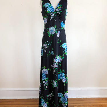 Sleeveless Black and Bright Blue Floral Print Maxi Dress - 1970s 