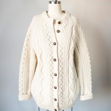 1980s Irish Wool Cardigan Sweater Handknit M / L 