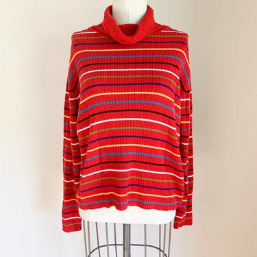 Vintage 1990s Red Rainbow Ribbed Turtleneck Sweater / M 