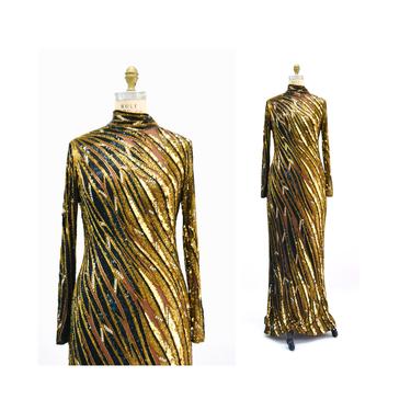 80s 90s Vintage Beaded Sequin Gown Dress By Bob Mackie Green Black off the Shoulder Long Sleeve Sequin Gown BoB Mackie Cher Small 