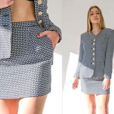 Vintage 90s Christian Dior Navy Blue & White Geometric Plaid Rayon Mini Skirt Suit | Made in USA | Clueless, Boho | 1990s DIOR Designer Suit 