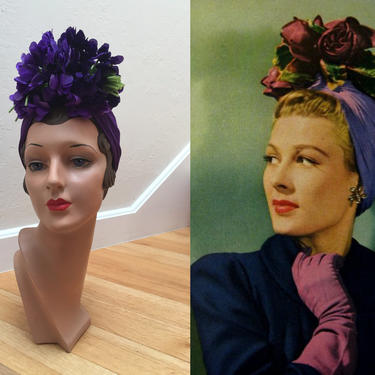 Hers Was Far Better - Vintage WW2 1940s Royal Purple Rayon Jersey Turban w/Violets - Rare Museum Quality 