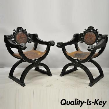 Vintage Spanish Renaissance Leather Lion Carved Savonarola Throne Chair - a Pair