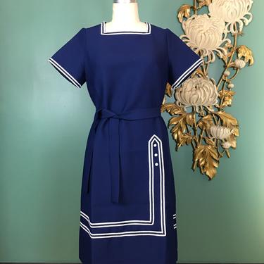 1960s dress, vintage shift, navy blue and white, size large, nautical style, mod dress, polyester, Mendel creation, waffle, 38 bust, retro 