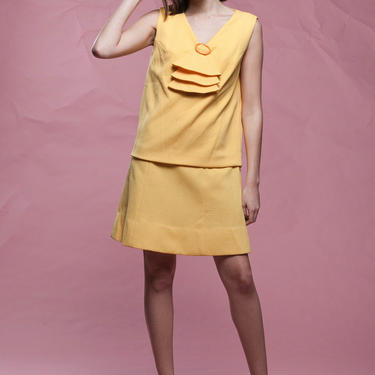 60s ascot dress, yellow sleeveless textured chevron drop waist mod mini vintage 60s MEDIUM M 