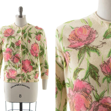 Vintage 1950s Cardigan | 50s Pink Rose Floral Screen Printed Knit Angora Wool Cream Button Up Sweater (medium) 