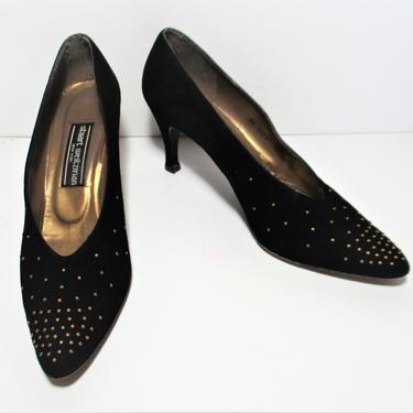 Vintage Stuart Weitzman Pumps, Shoes, 9 AA Women, black suede, bronze studs 