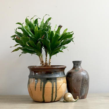 Vintage Pottery Planter Hand Made Studio Stoneware Pot Drip Glaze Farmhouse Spring Garden Decor 