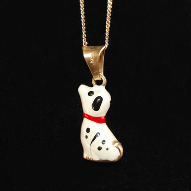 Italian Spotted Dog Charm 14K Necklace Vintage Miniature Black &amp; White Puppy Porcelain Pooch Animal Accessories 