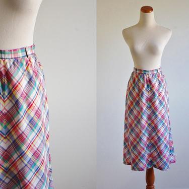 Vintage Madras Skirt, Womens Plaid Skirt, A Line Skirt, 70s 80s Skirt, Preppy Summer Skirt, Medium 