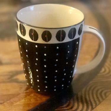 Black and White Cup with Red and Light Blue dots  |  Potter’s Workshop