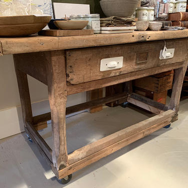 Antique workbench w/ drawer on casters5'2" l x 2'5" d x 32.5" t, $575. ,
