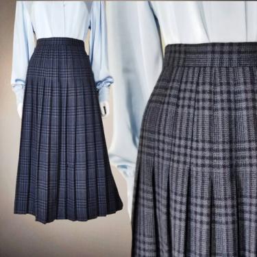 Vintage Pleated Skirt, Extra Large / Plaid Turnabout Skirt / Two Tone Blue Wool Skirt / Topstitch Pleat Flared Secretary Skirt 