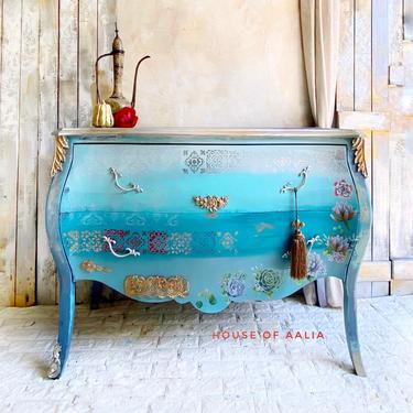 Boho Teal French Bombe Chest | Metallic Pink Vintage Chest | Entryway Accent Table. Boho Eclectic French Country Home |Bedroom Dresser 