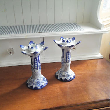 Tall VINTAGE Ceramic Bohemian Candleholders // Blue and White Candle Holders// BOHO Chic Decor//Housewarming Gift 