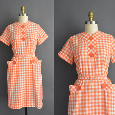 1950s vintage dress | Orange Sherbet Gingham Print Cotton Short Sleeve Summer Day Dress | Large | 50s dress 