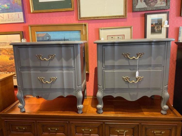 Two gray painted French provincial nightstands. 24.5” x 15.5” x 24.5”