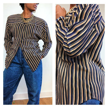 Vintage 1980s 1990s 90s Silk Striped Button Front Blouse Collarless Vertical Horizontal Covered Button Up Tunic Top Strong Shoulder Pads 