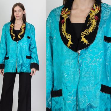 Vintage Chinese Dragon Smoking Jacket - Men's Large, Women's XL | 70s Blue Jacquard Embroidered Costume Blazer 