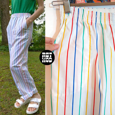 Sassy Vintage 70s 80s Rainbow &amp; White Stripe Comfy Cotton Pants with Elastic Waist 