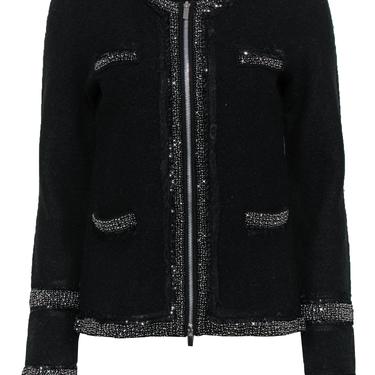 Diane von Furstenberg - Black Zip-Up Wool Cardigan w/ Lace, Beaded & Sequin Trim Sz M