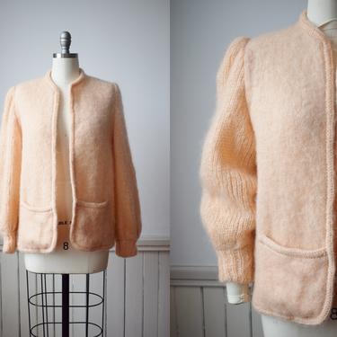Vintage 1980s Fuzzy Peach Mohair Knit Jacket | S-M | 80s Irish Mohair Sweater | Pink Cardigan with Pockets 