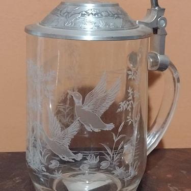 Vintage France Etched Glass & Pewter German Beer Stein Flying Geese Glass Art 6&quot; 
