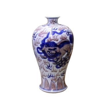 Chinese Red Blue White Porcelain Handpainted Foo Dog Small Vase cs4424E 