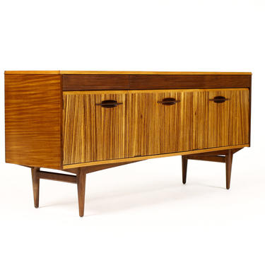 Danish Modern / Mid Century Mahogany + Zebrawood Credenza – Drop Front Bar Cabinet 