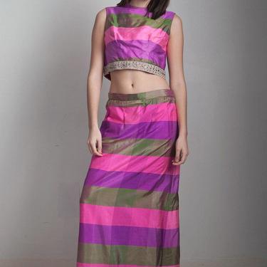 raw silk crop top maxi skirt set 2-piece vintage 70s pink purple plaid beaded trim MEDIUM M 
