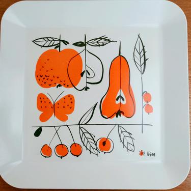Vintage Vera Melamine 14&amp;quot; Serving Tray | Fruit Pears Cherries Orange Butterfly | Ladybug | Waverly Products 1954 