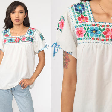 Mexican EMBROIDERED Blouse Peasant Blouse Hippie Top Floral Shirt Boho Shirt FESTIVAL Tunic Bohemian Vintage Ethnic Retro Small S 