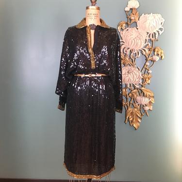 1980s cocktail dress, black sequin, vintage 80s dress, batwing dress, size medium, riazee, holiday formal, New Years eve, beaded dress, 28 